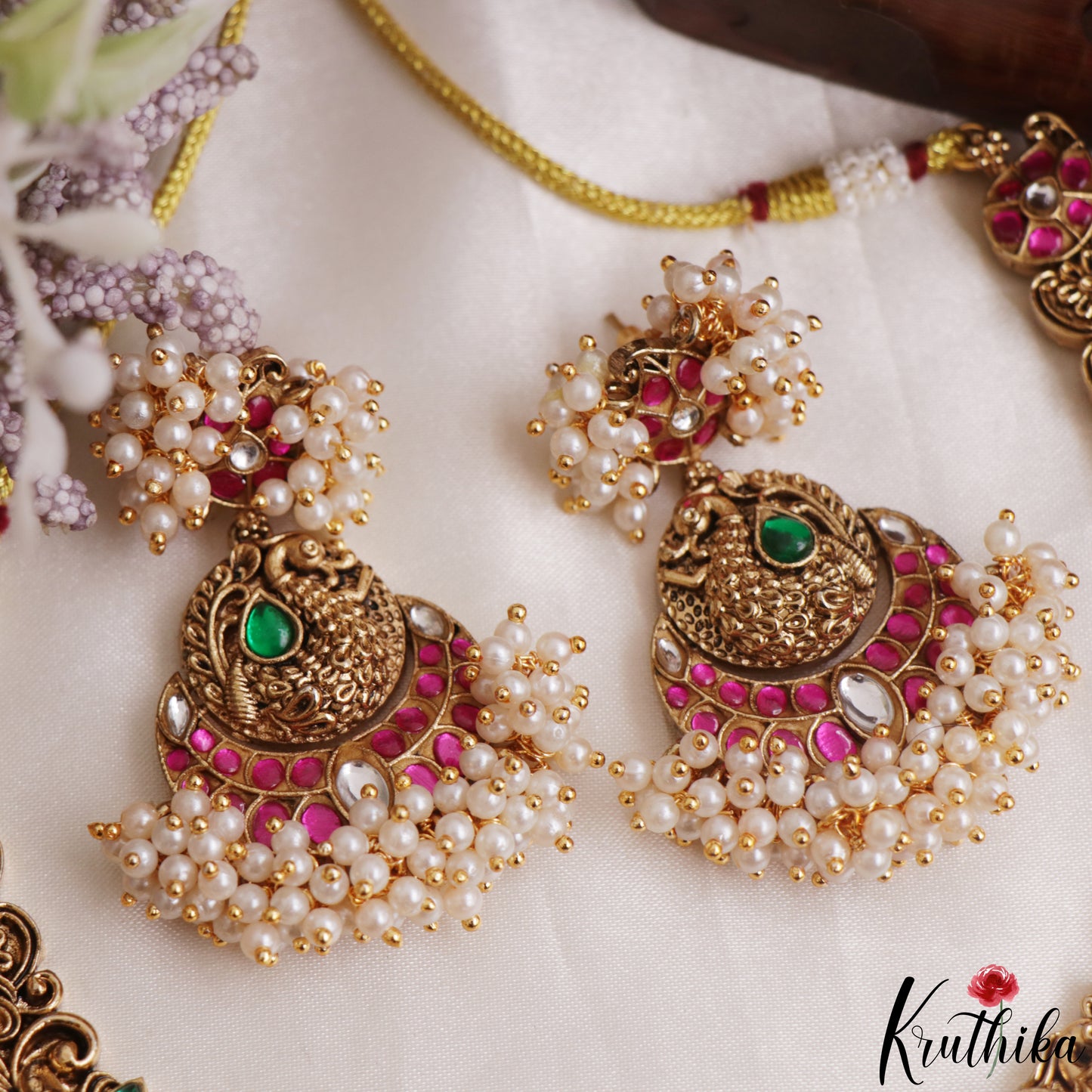 Classic Antique Peacock Mango Motifs Jadau Necklace With Pearl Drops NC3135