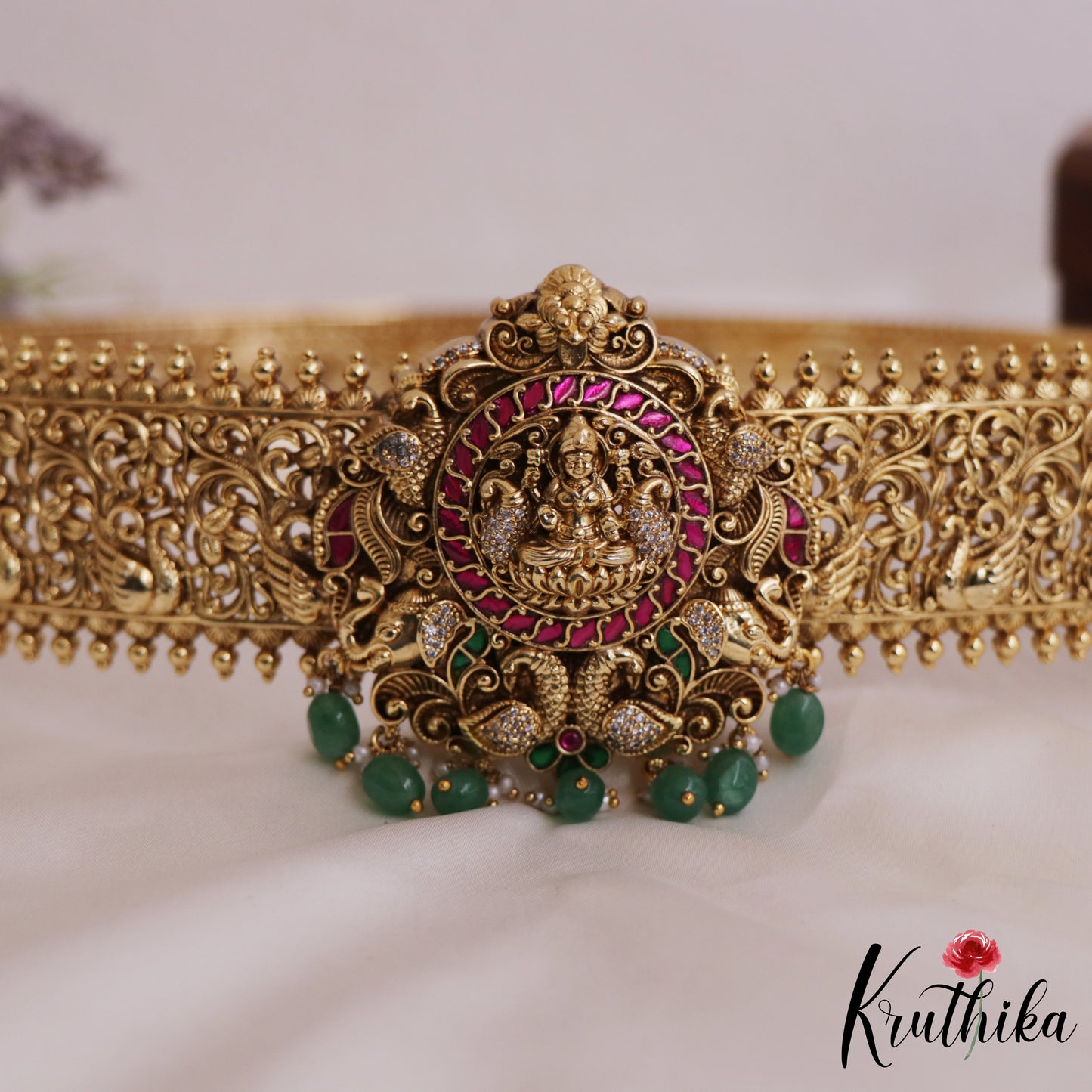 Stunning Antique Nagas Lakshmi Peacock Motifs Jadau Hip Belt With Green Bead Drops V337