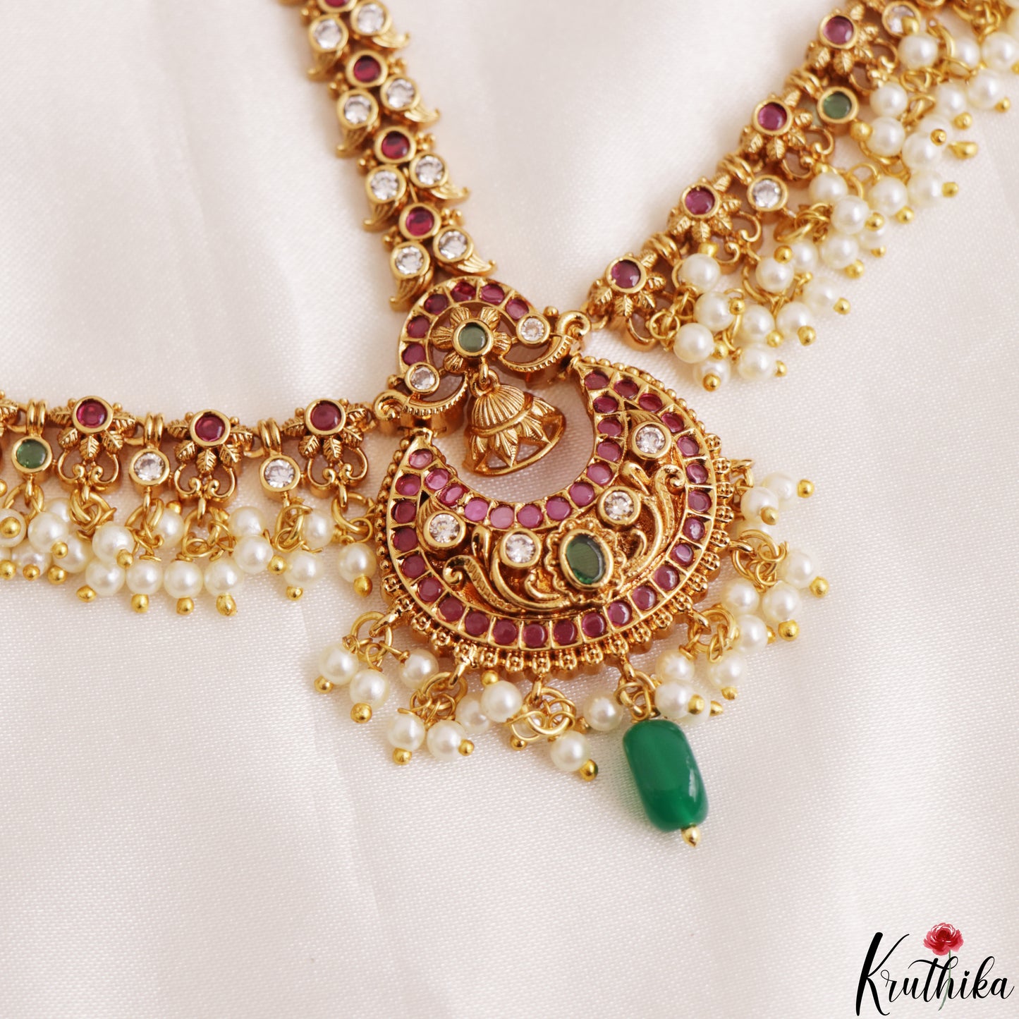 Classic Floral Motifs Kemp Damini With Pearl Bead Drops MT393