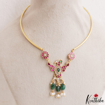 Elegant Garuda Motifs Jadau Hasli Choker With Green Bead Drops NC3212 (Available In 2 Colors)