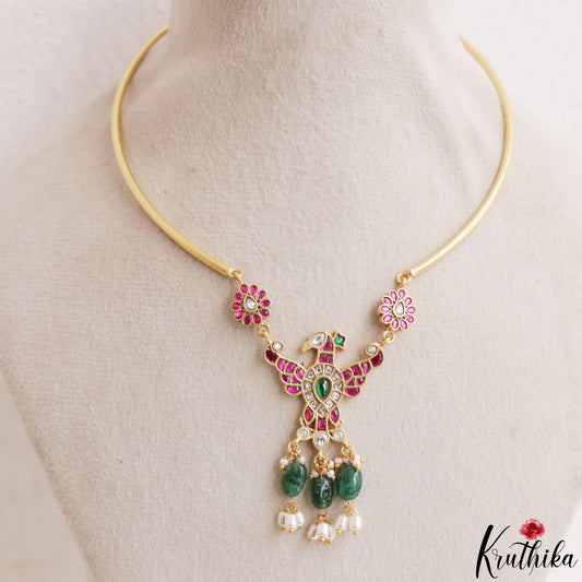Elegant Garuda Motifs Jadau Hasli Choker With Green Bead Drops NC3212 (Available In 2 Colors)
