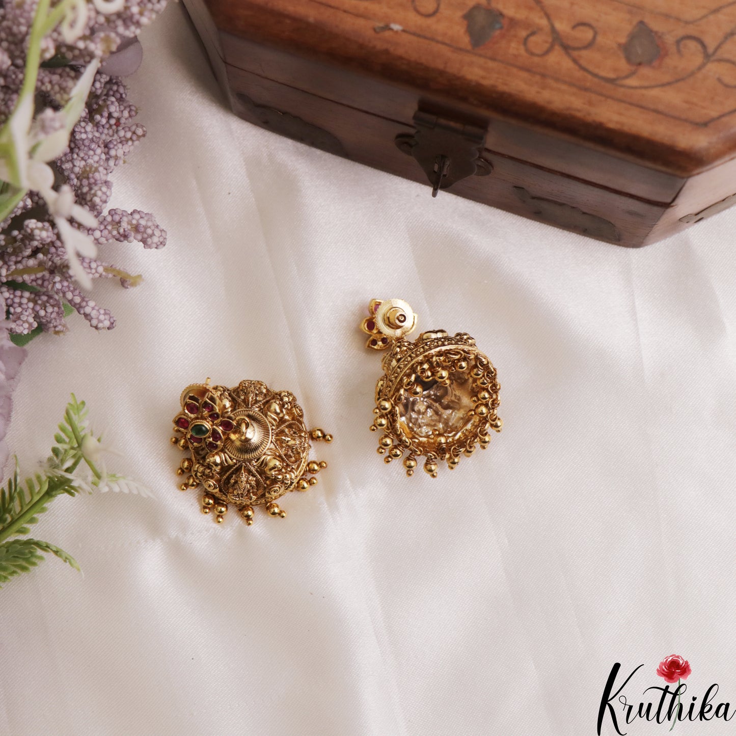 Pretty Antique Floral Lakshmi Motifs Jhumkas With Golden Bead Drops E1180
