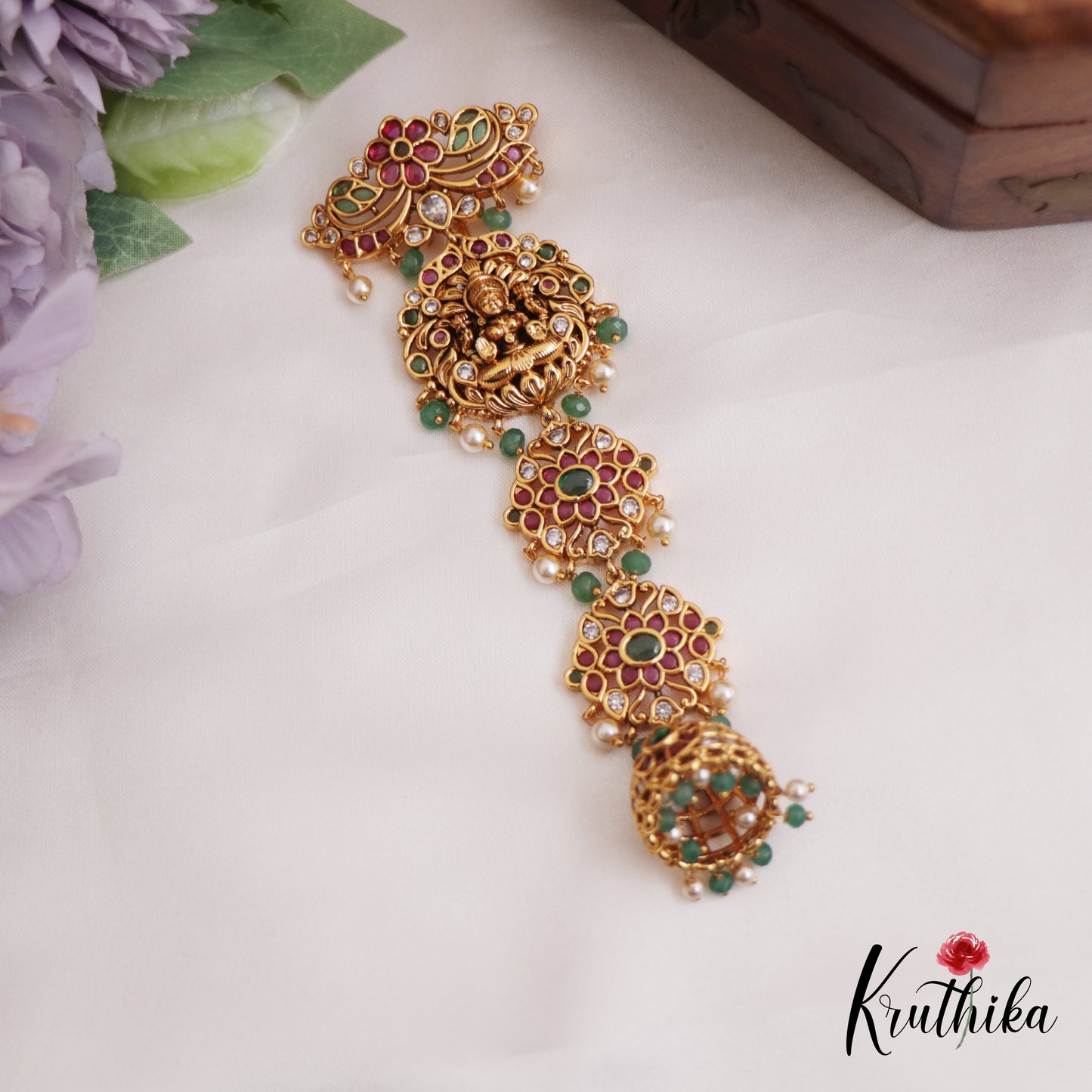 Elegant Antique Lakshmi Jhumka Jadau Jada Billa With Green Bead Drops J337
