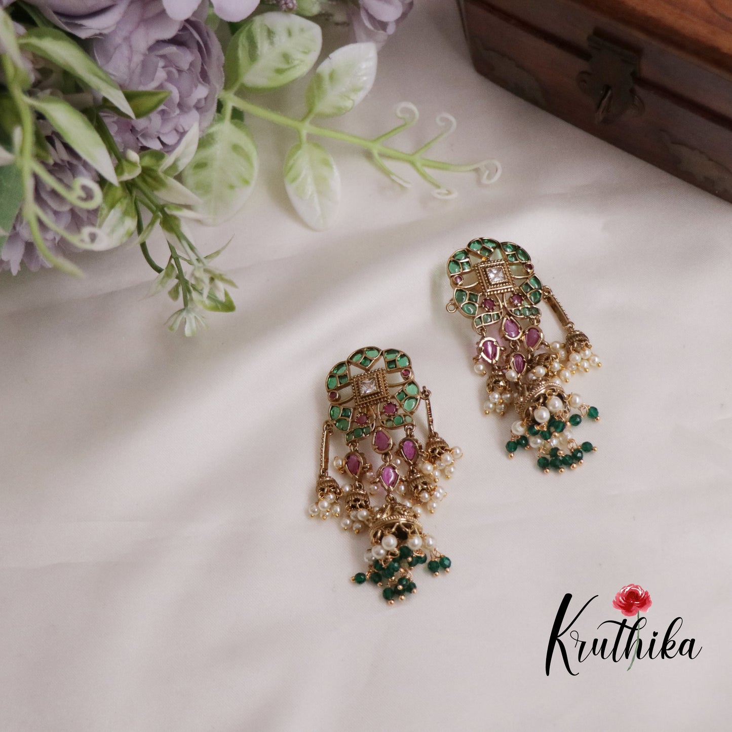 Trendy Emerald Ruby Jhumkas with Pearl Drops E624 (Available in 4 Colours)