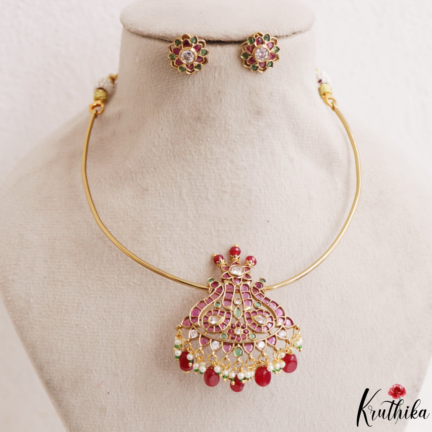 Beautiful Peacock Motifs Kemp Hasli Choker With Pearl Bead Drops NC3257 (Available In 3 Colors)