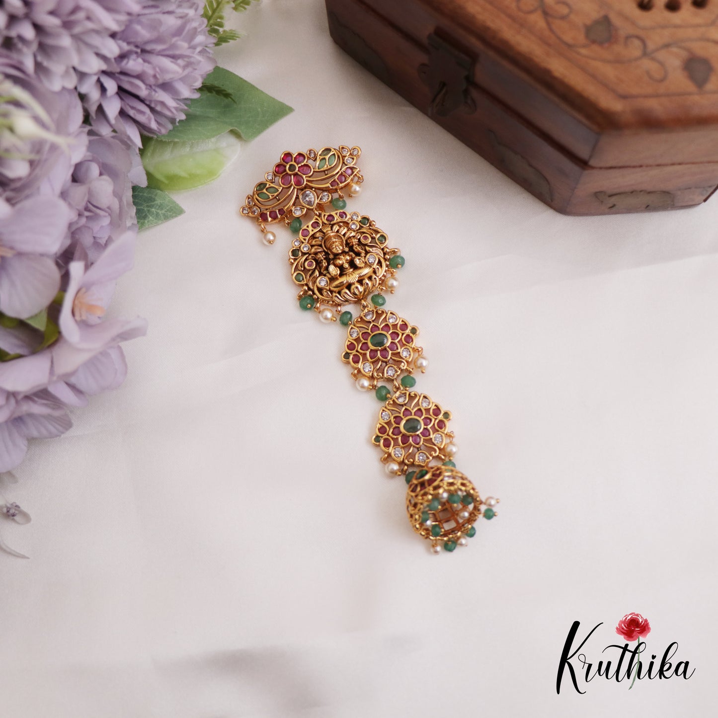 Elegant Antique Lakshmi Jhumka Jadau Jada Billa With Green Bead Drops J337