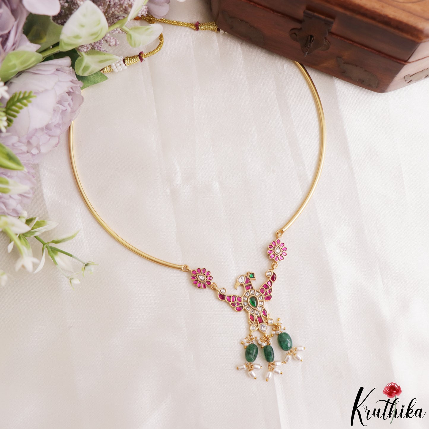 Elegant Garuda Motifs Jadau Hasli Choker With Green Bead Drops NC3212 (Available In 2 Colors)