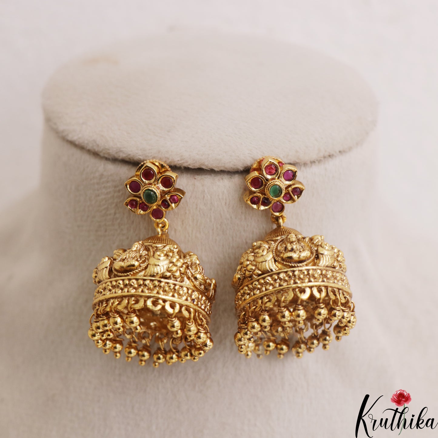 Pretty Antique Floral Lakshmi Motifs Jhumkas With Golden Bead Drops E1180