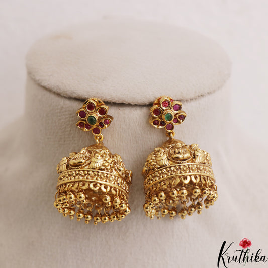 Pretty Antique Floral Lakshmi Motifs Jhumkas With Golden Bead Drops E1180