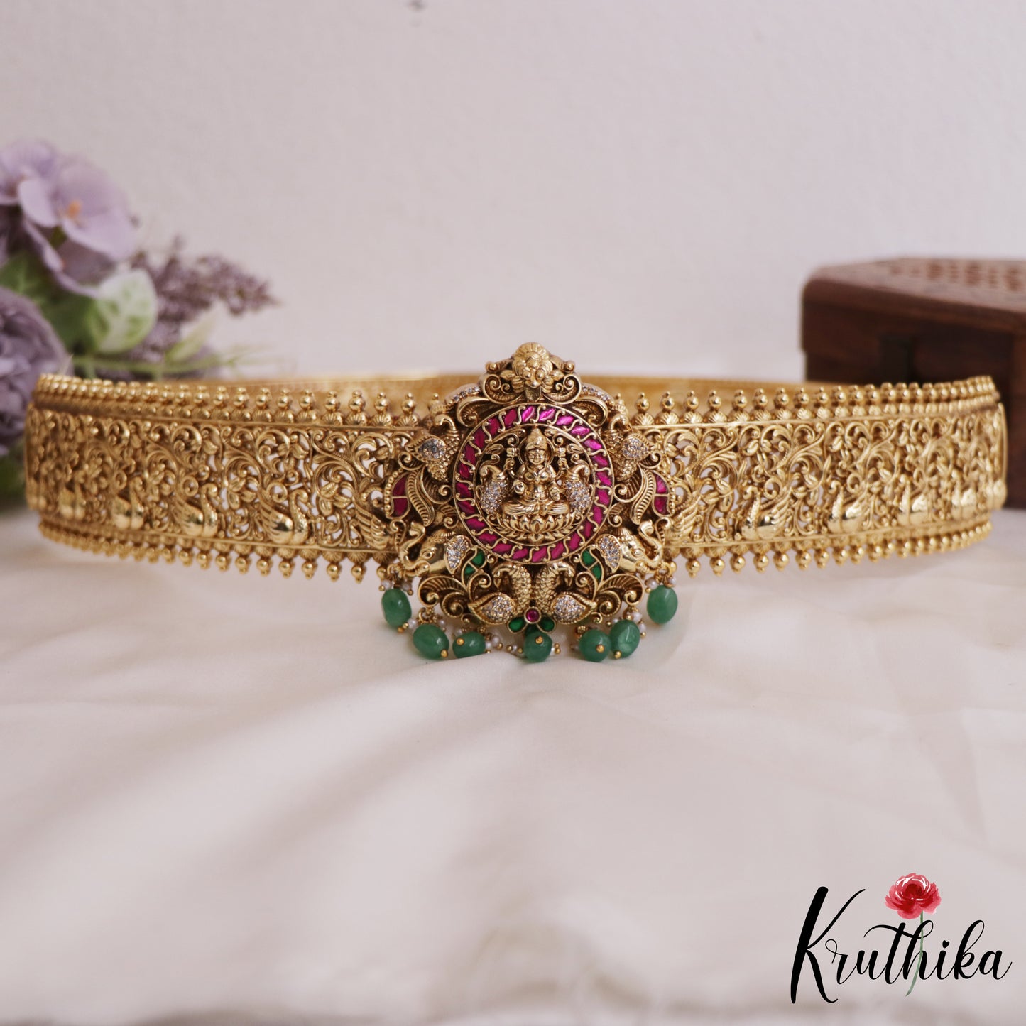 Stunning Antique Nagas Lakshmi Peacock Motifs Jadau Hip Belt With Green Bead Drops V337