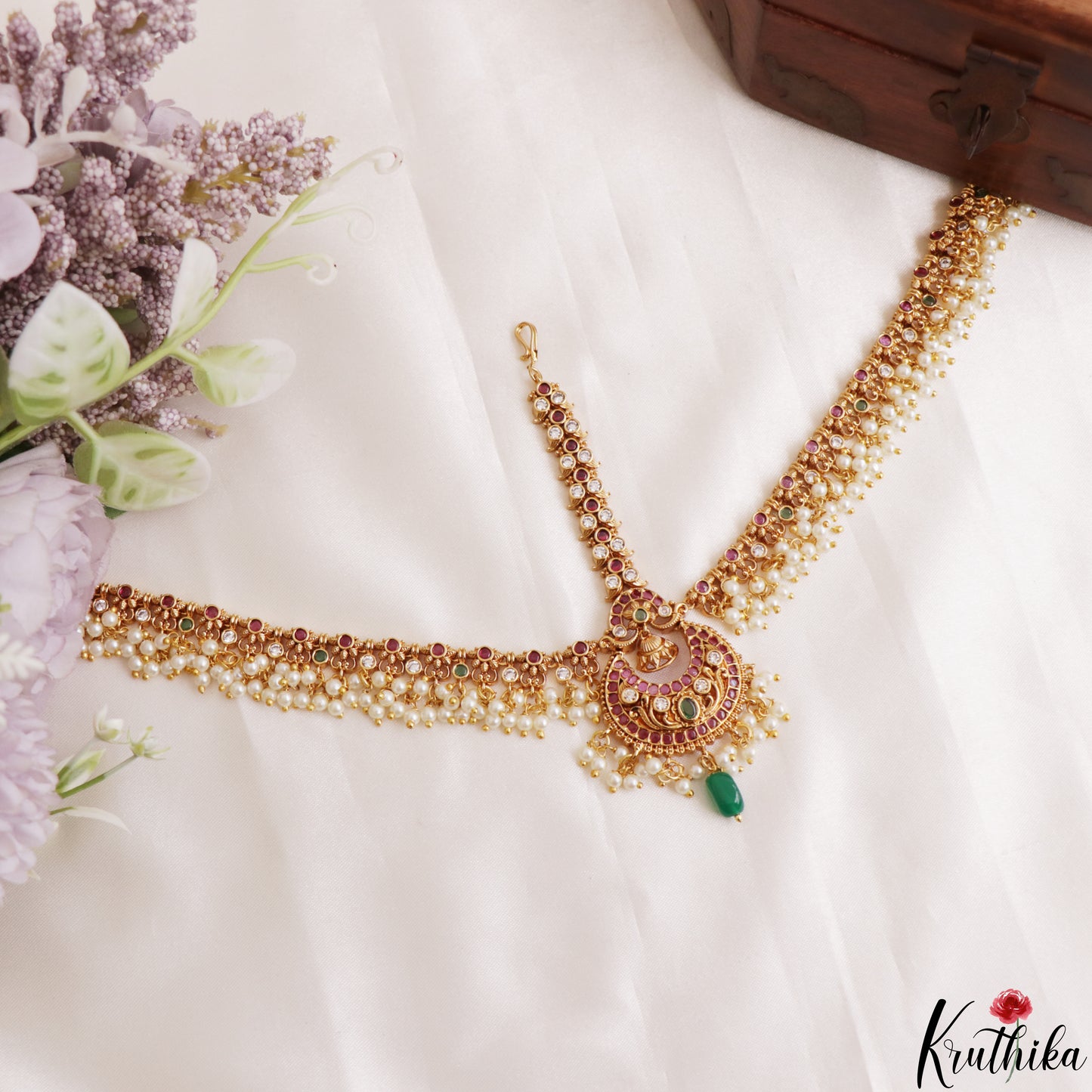Classic Floral Motifs Kemp Damini With Pearl Bead Drops MT393