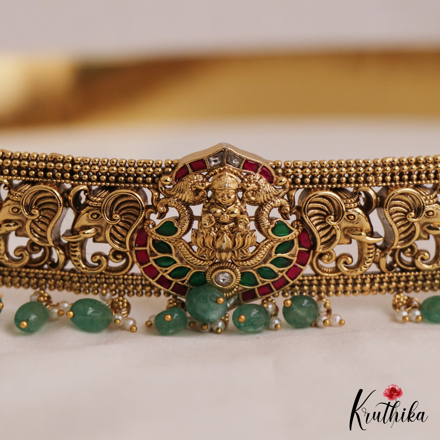 Gorgeous Antique Lakshmi Elephant Motifs Kemp Hip Belt With Bead Drops V352 (Available In 2 Colors)
