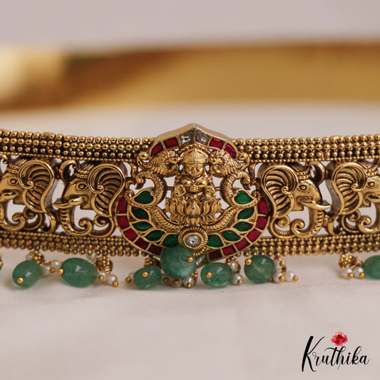 Gorgeous Antique Lakshmi Elephant Motifs Kemp Hip Belt With Bead Drops V352 (Available In 2 Colors)