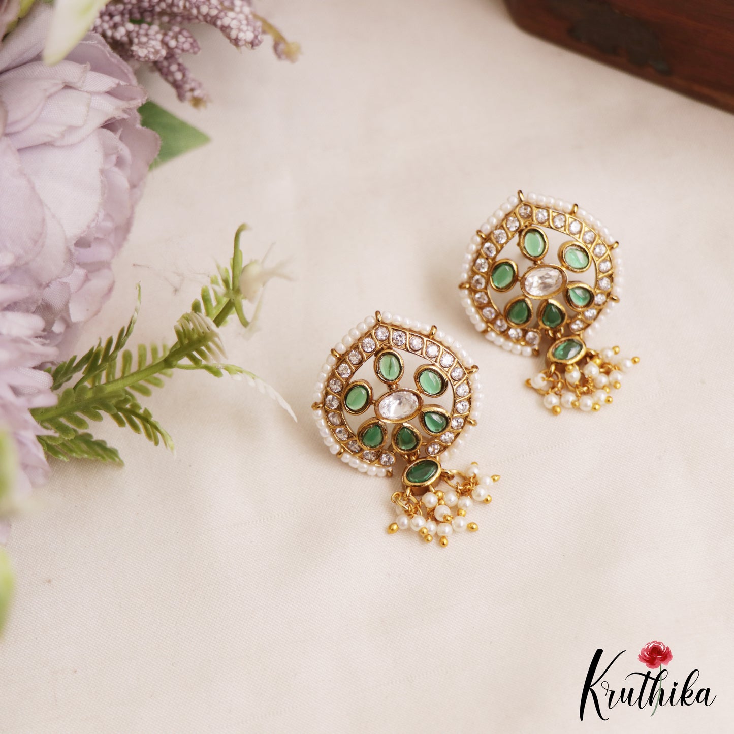 Elegant Pearl Border Floral Stud Earrings With Pearl Drops E1110 (Available In 5 Colors)
