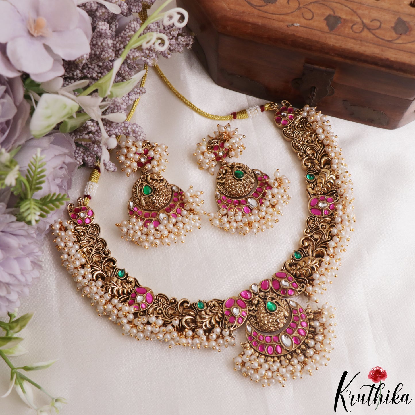 Classic Antique Peacock Mango Motifs Jadau Necklace With Pearl Drops NC3135