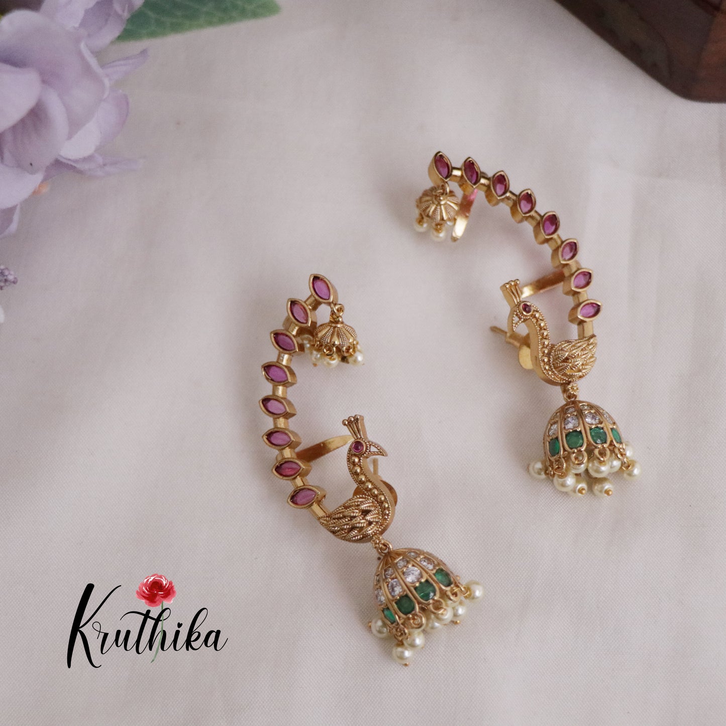 Simple trendy Ruby peacock AD Earcuff Jhumkas E487 (Available in 2 Colours)