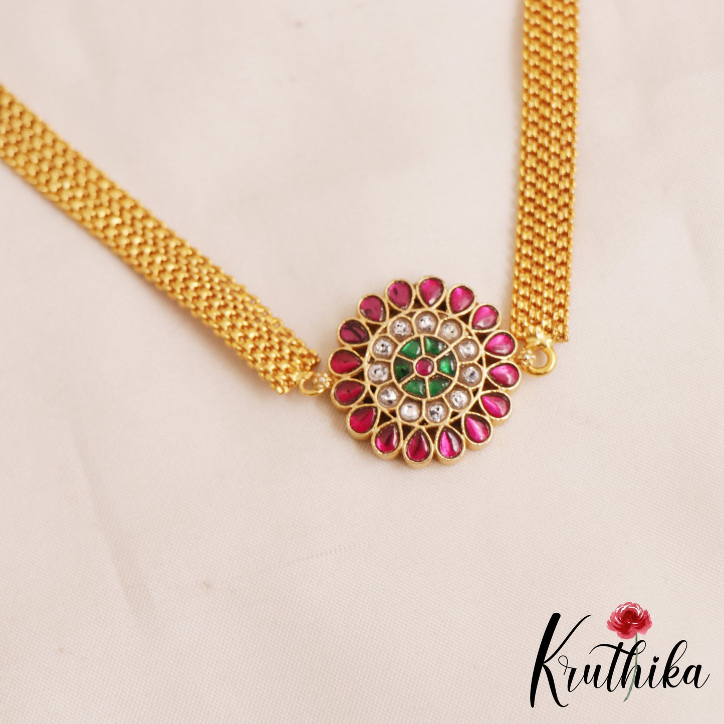 Classic Two-in-One Reversible Floral Motifs Jadau Pendant Chain NC2903
