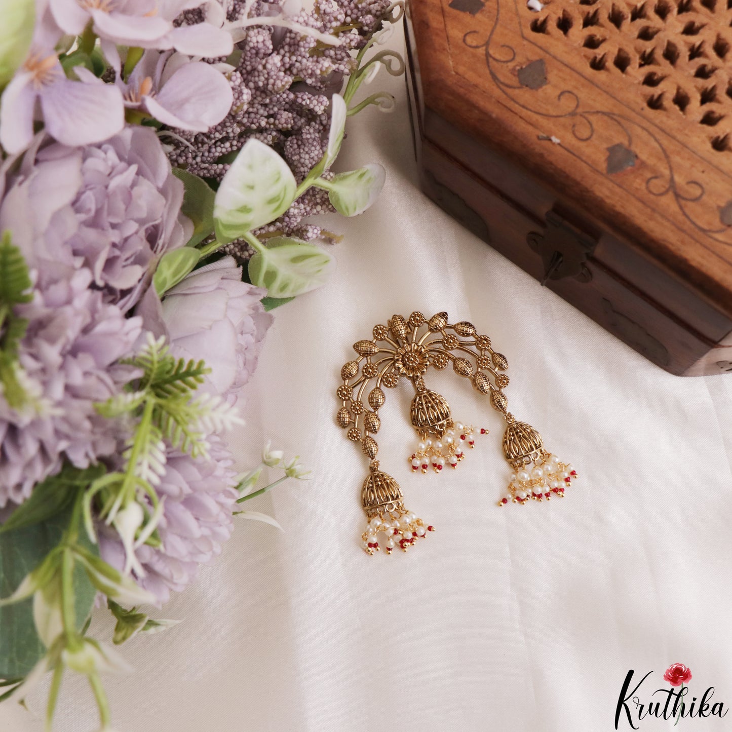 Elegant Antique Leaf Floral Motifs Jhumka Drops Jada Billa With Pearl Bead Drops J429 (Available In 2 Colors)