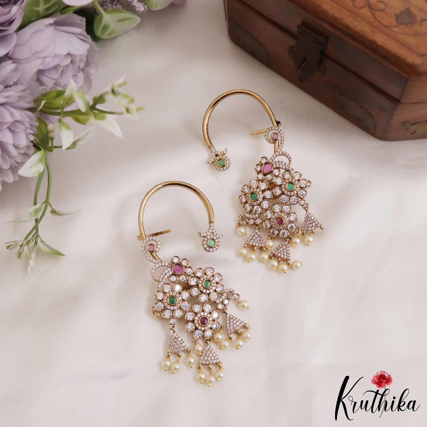 Gorgeous CZ Floral Earcuff With Pearl Drops E885