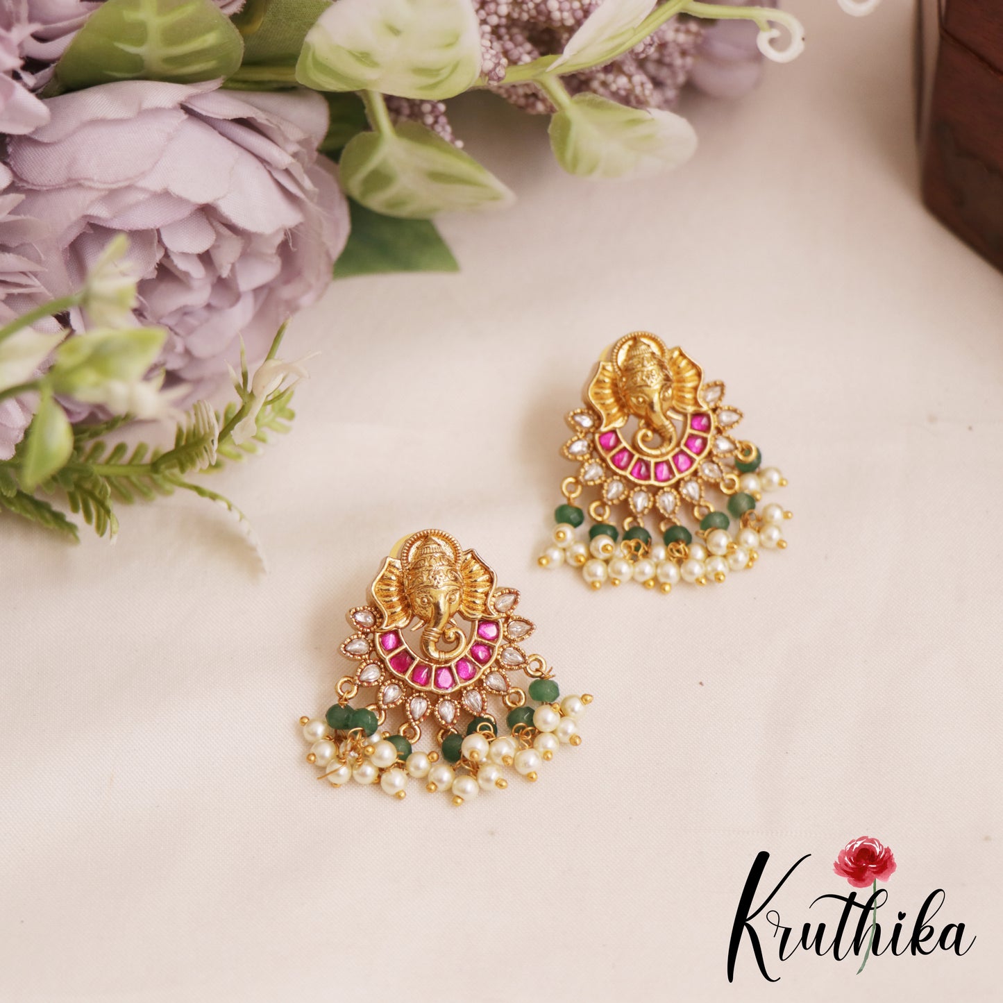 Elegant Lord Ganesha Motifs Stud Earrings With Green Bead Drops E1045