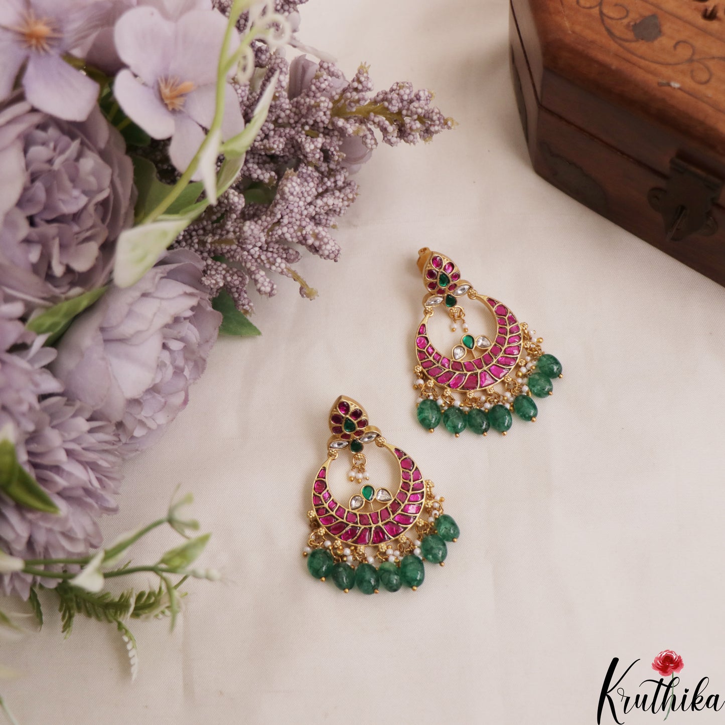 Gorgeous Teardrop Motifs Chandbali Earrings With Green Bead Drops E1069