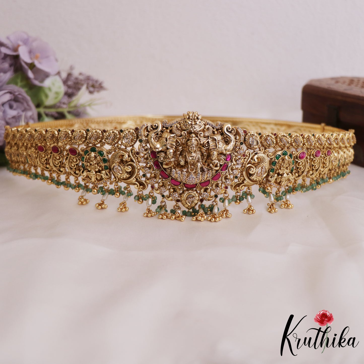 Premium Antique Nagas Lakshmi Peacock Motifs Jadau Hip Belt With Bead Drops V338 (Available In 2 colors)