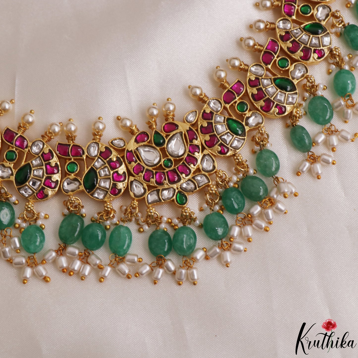 Gorgeous Mango Motifs Jadau Choker With Green Bead Drops NC3119