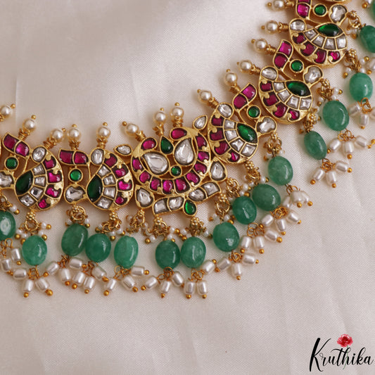 Gorgeous Mango Motifs Jadau Choker With Green Bead Drops NC3119