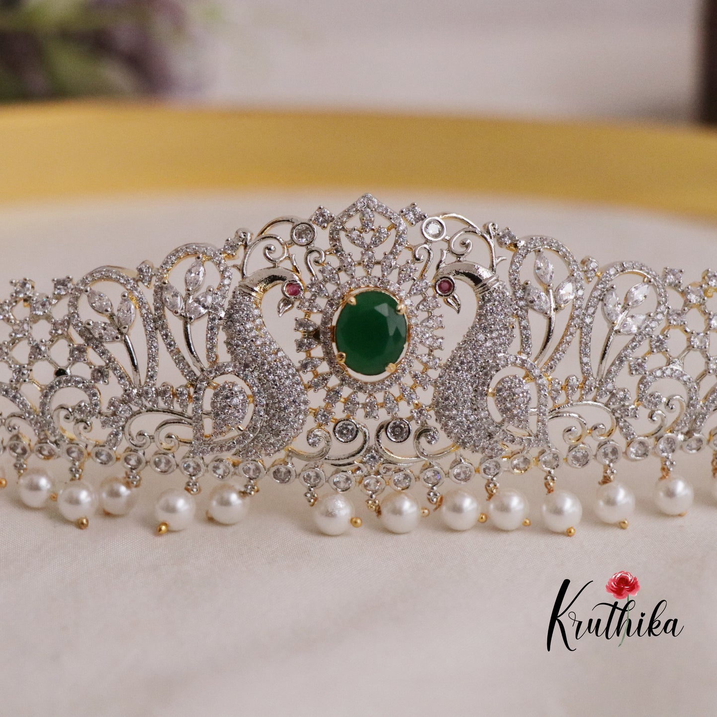 Trendy CZ Sparking Peacock  Changeable Stone with Pearl Drops  Hip Belt V277