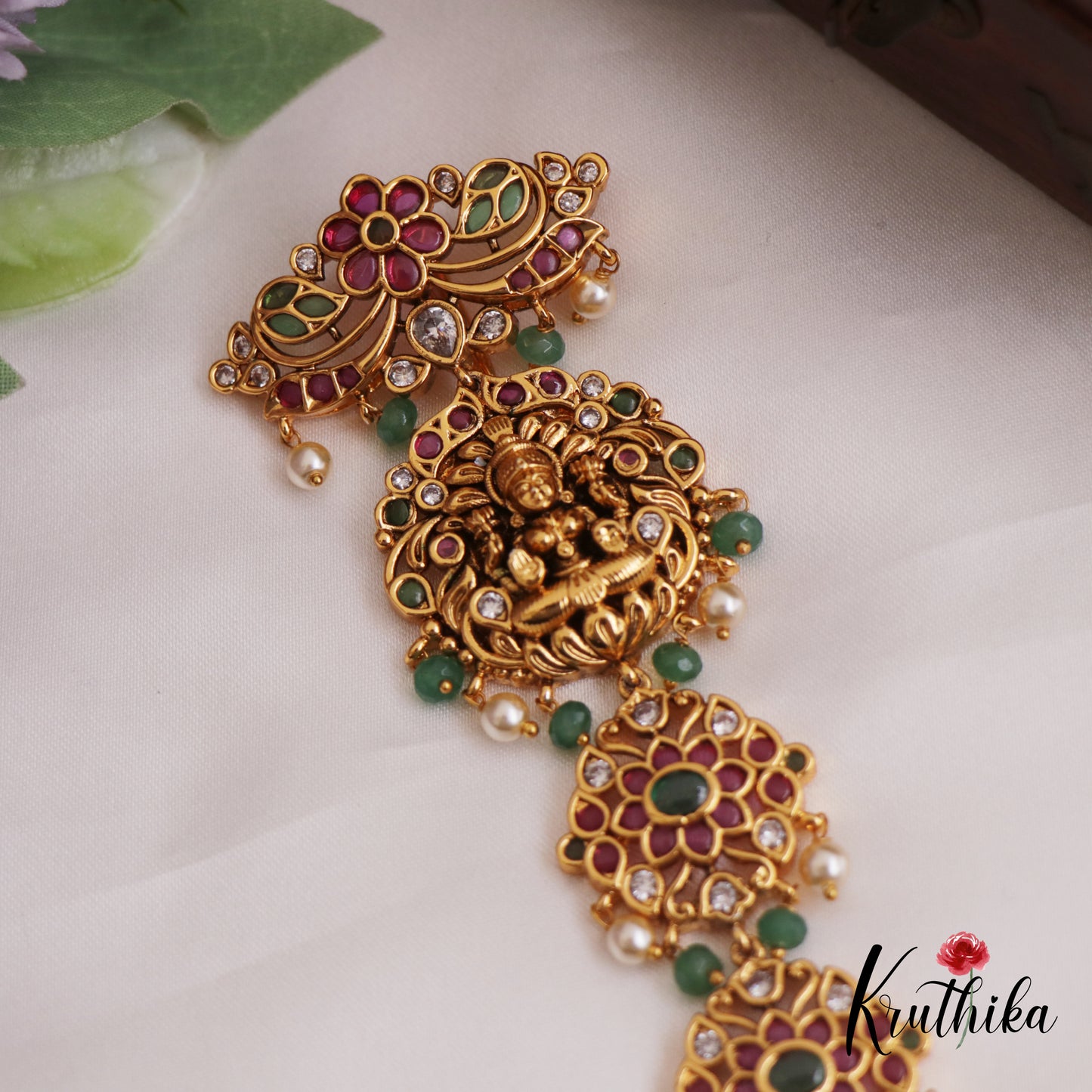 Elegant Antique Lakshmi Jhumka Jadau Jada Billa With Green Bead Drops J337