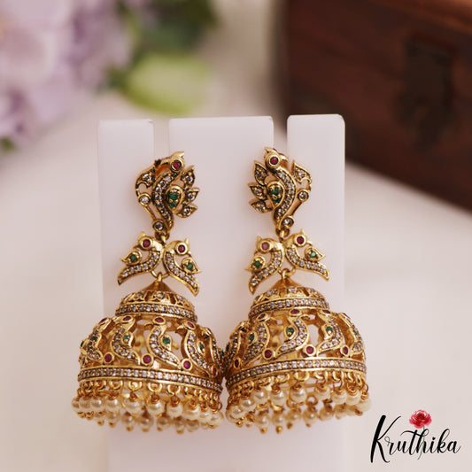 Stunning Antique Peacock Motifs AD Jhumka With Pearl Drops E1021