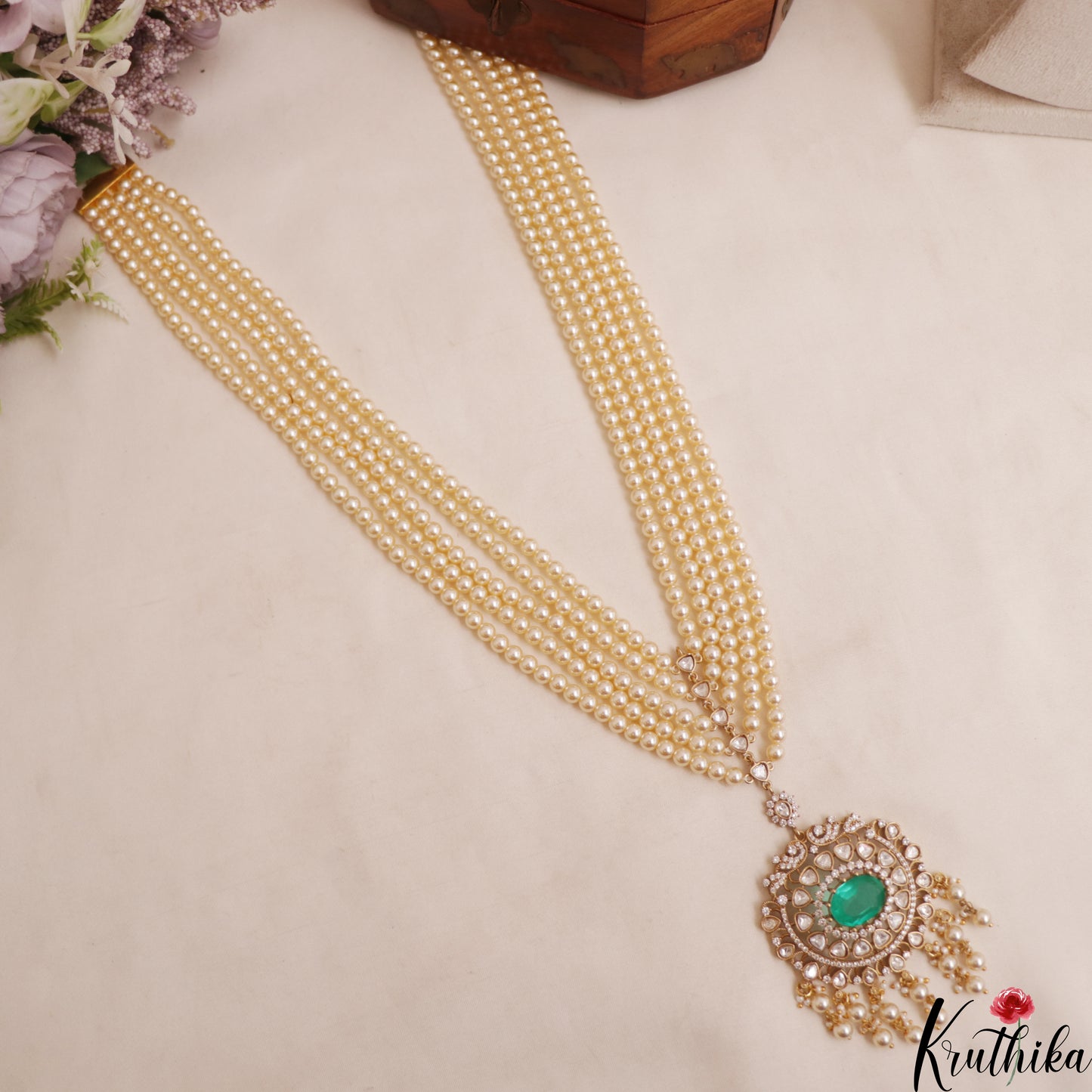 Stunning Multi Strand Pearl Chain With Polki Victorian Pendant LH2112 (Available In 4 Colors)