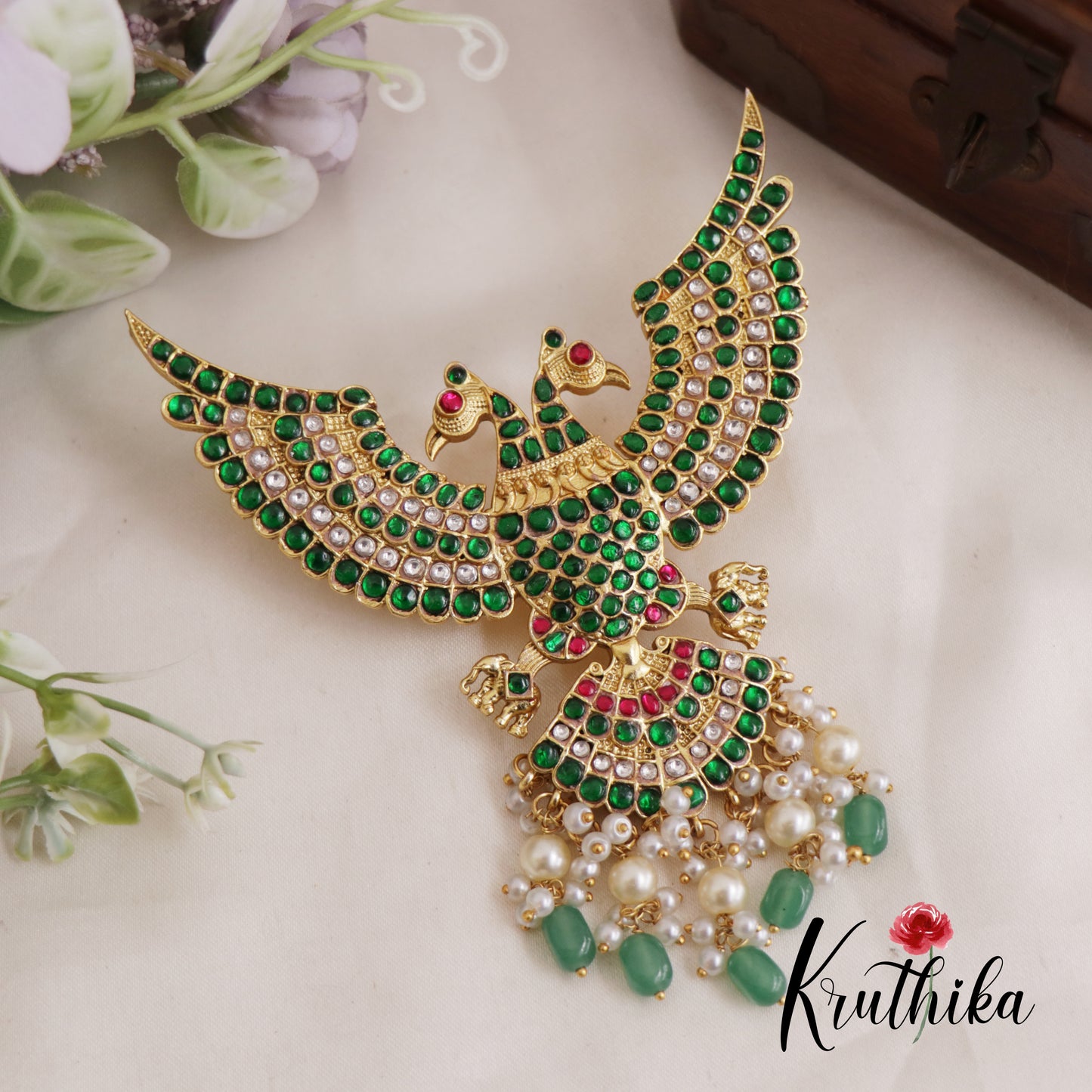 Premium Gandaberunda Jadau Pendant with Pearl And Beads Drops PS253 (Available In 2 Colors)