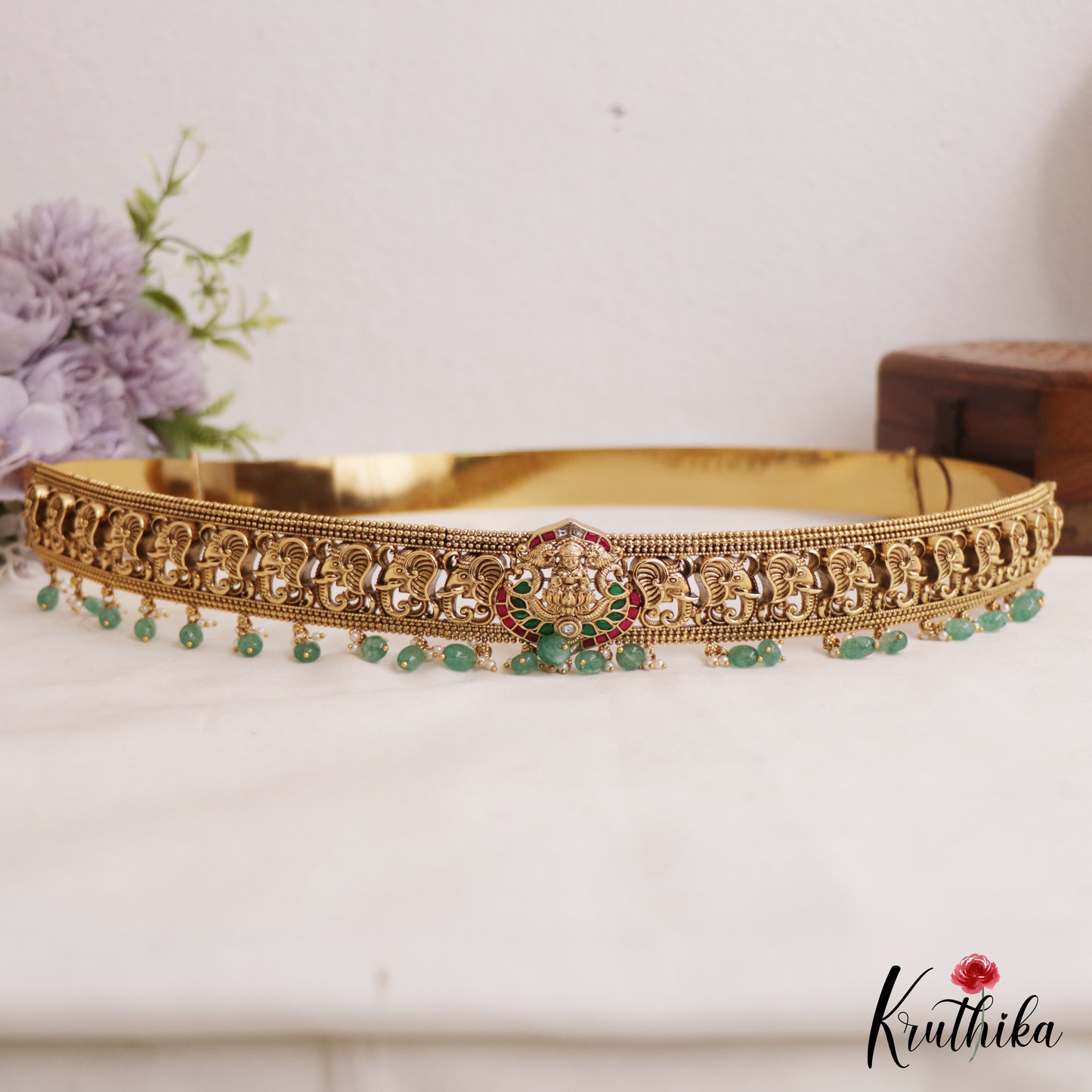 Gorgeous Antique Lakshmi Elephant Motifs Kemp Hip Belt With Bead Drops V352 (Available In 2 Colors)