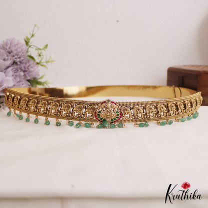Gorgeous Antique Lakshmi Elephant Motifs Kemp Hip Belt With Bead Drops V352 (Available In 2 Colors)