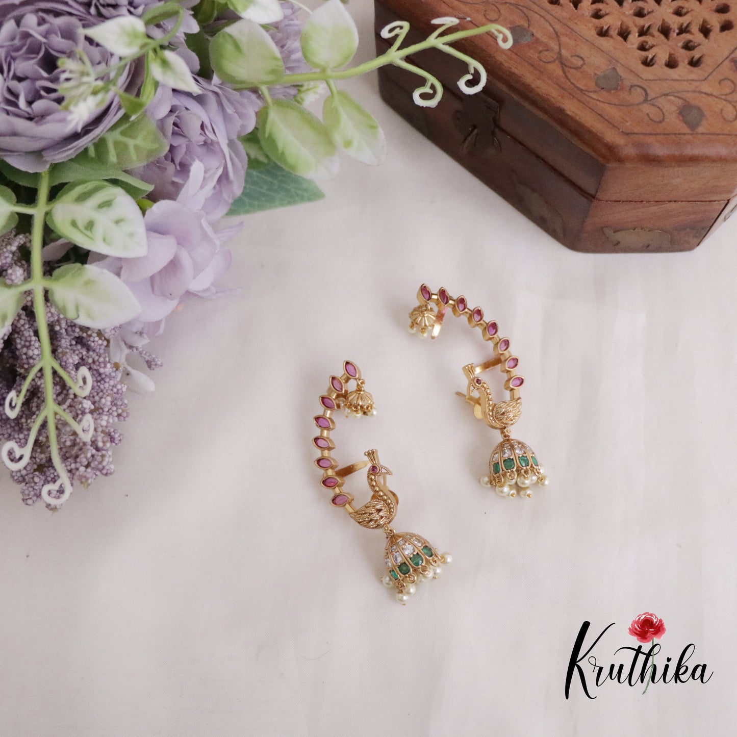 Simple trendy Ruby peacock AD Earcuff Jhumkas E487 (Available in 2 Colours)