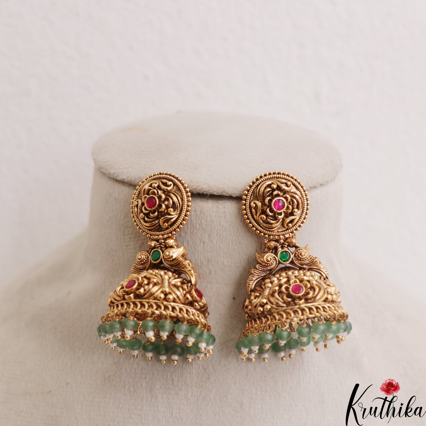 Premium Antique Floral Peacock Motifs Jhumkas With Green Bead Drops E1181