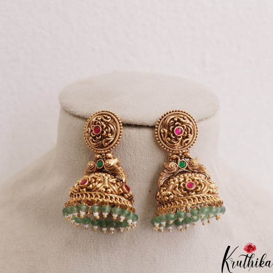 Premium Antique Floral Peacock Motifs Jhumkas With Green Bead Drops E1181