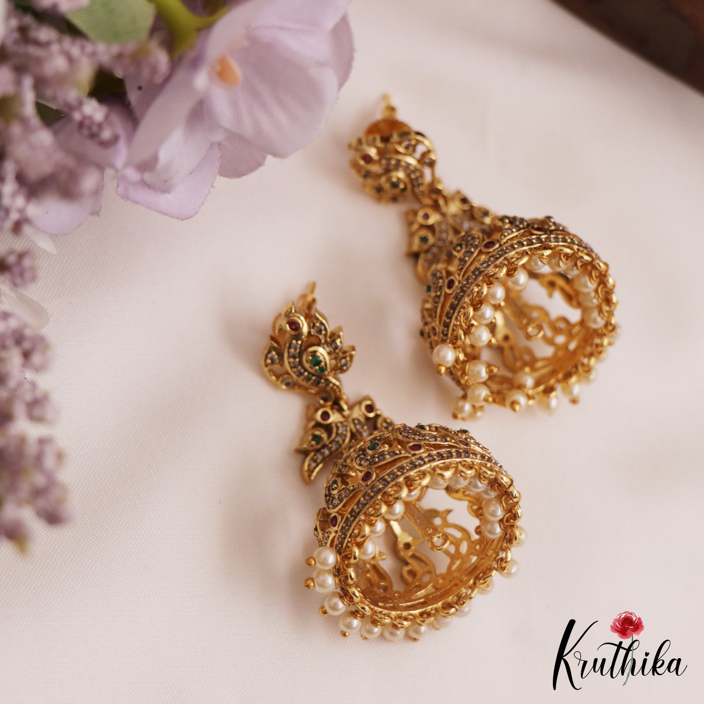 Stunning Antique Peacock Motifs AD Jhumka With Pearl Drops E1021