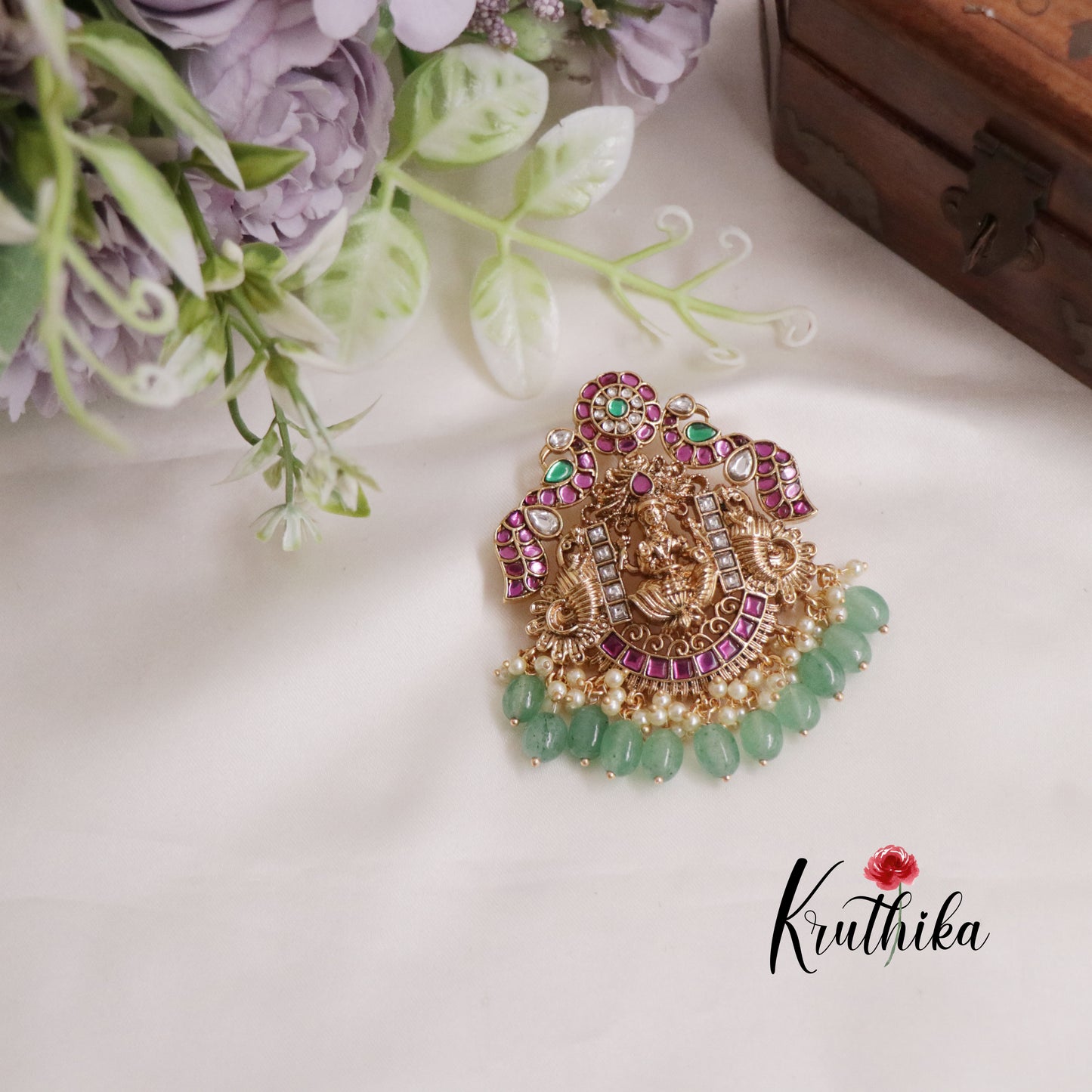 Grand Temple Lakshmi and Peacock  Jadau Jada Billa with Green Beads J207