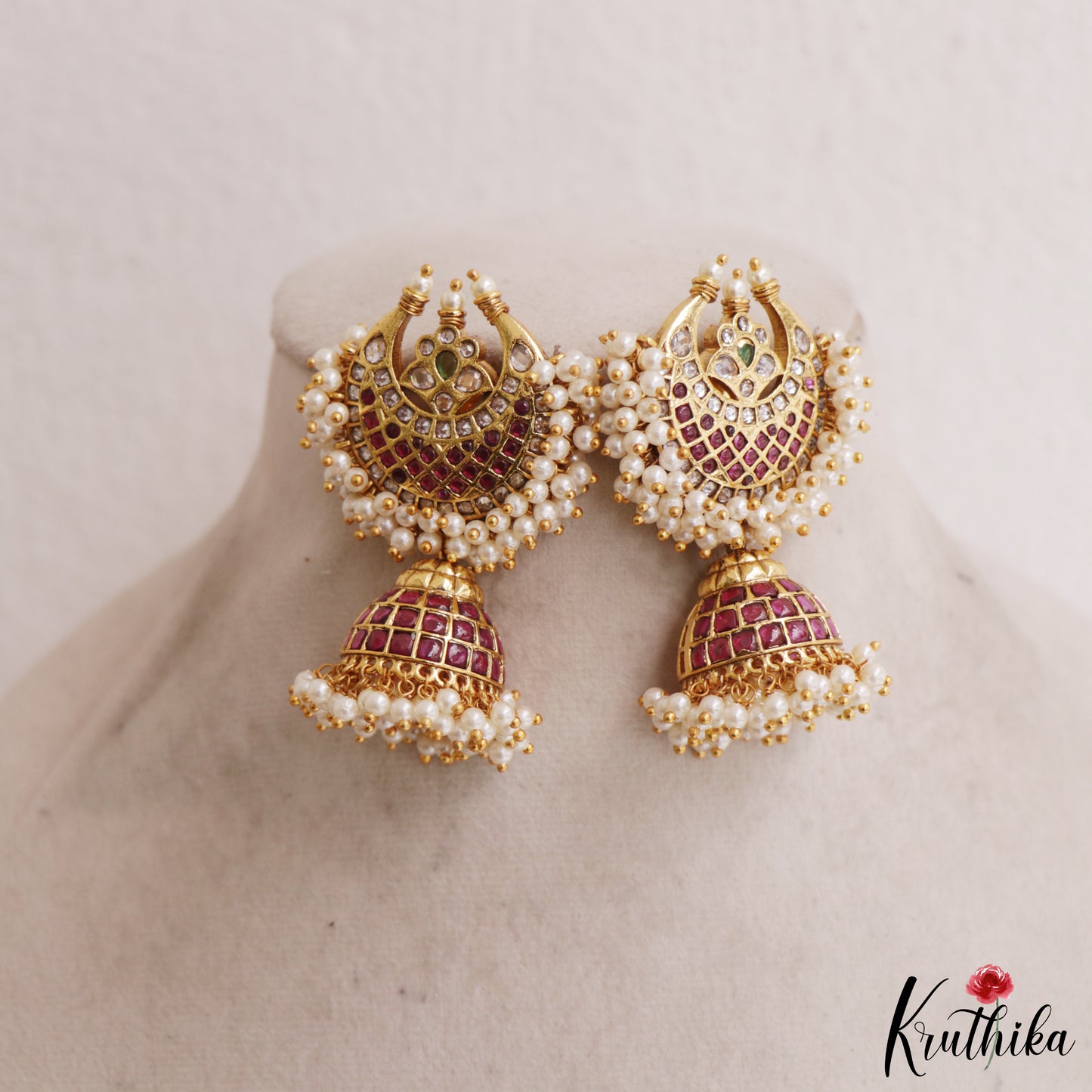 Gorgeous Floral Motifs Chandbali Jadau Jhumkas With Pearl Drops E1074