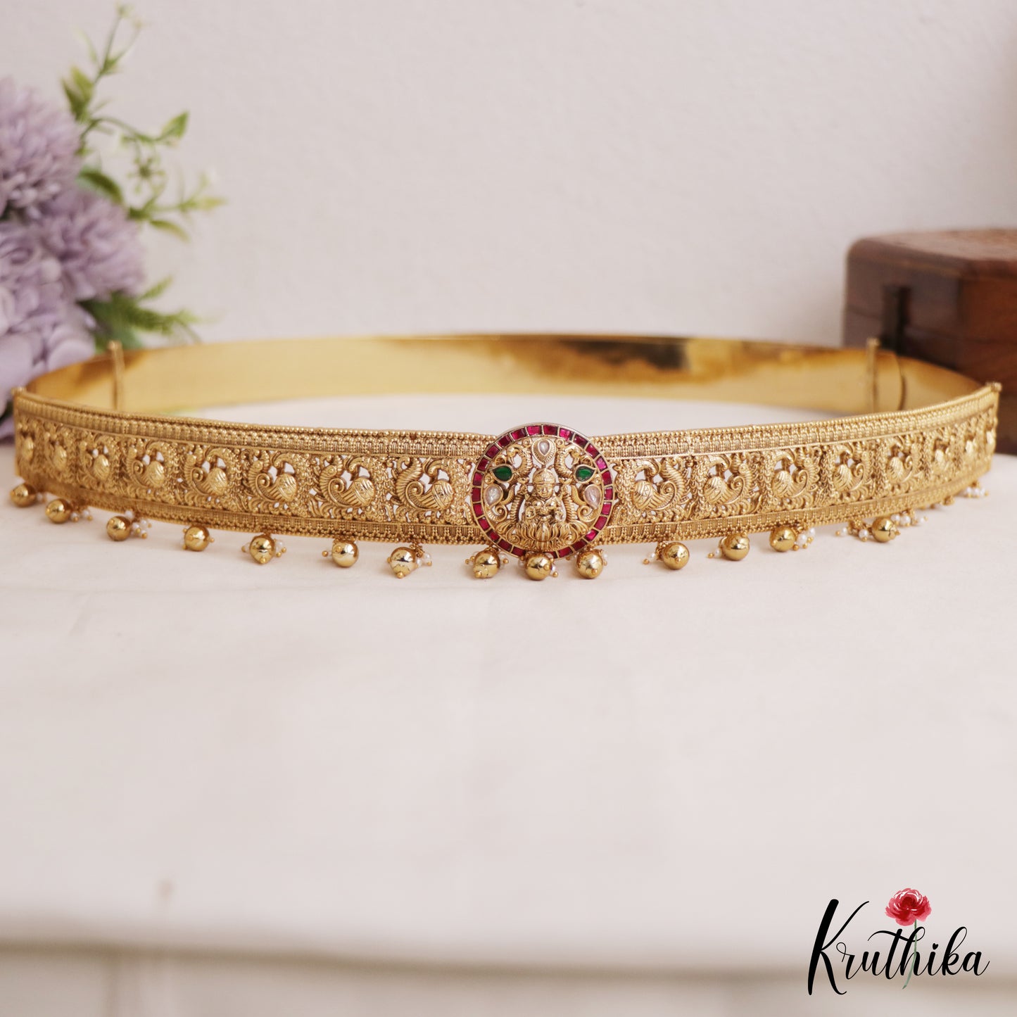 Stunning Antique Lakshmi Peacock Motifs Kemp Hip Belt With Bead Drops V353 (Available In 2 Colors)