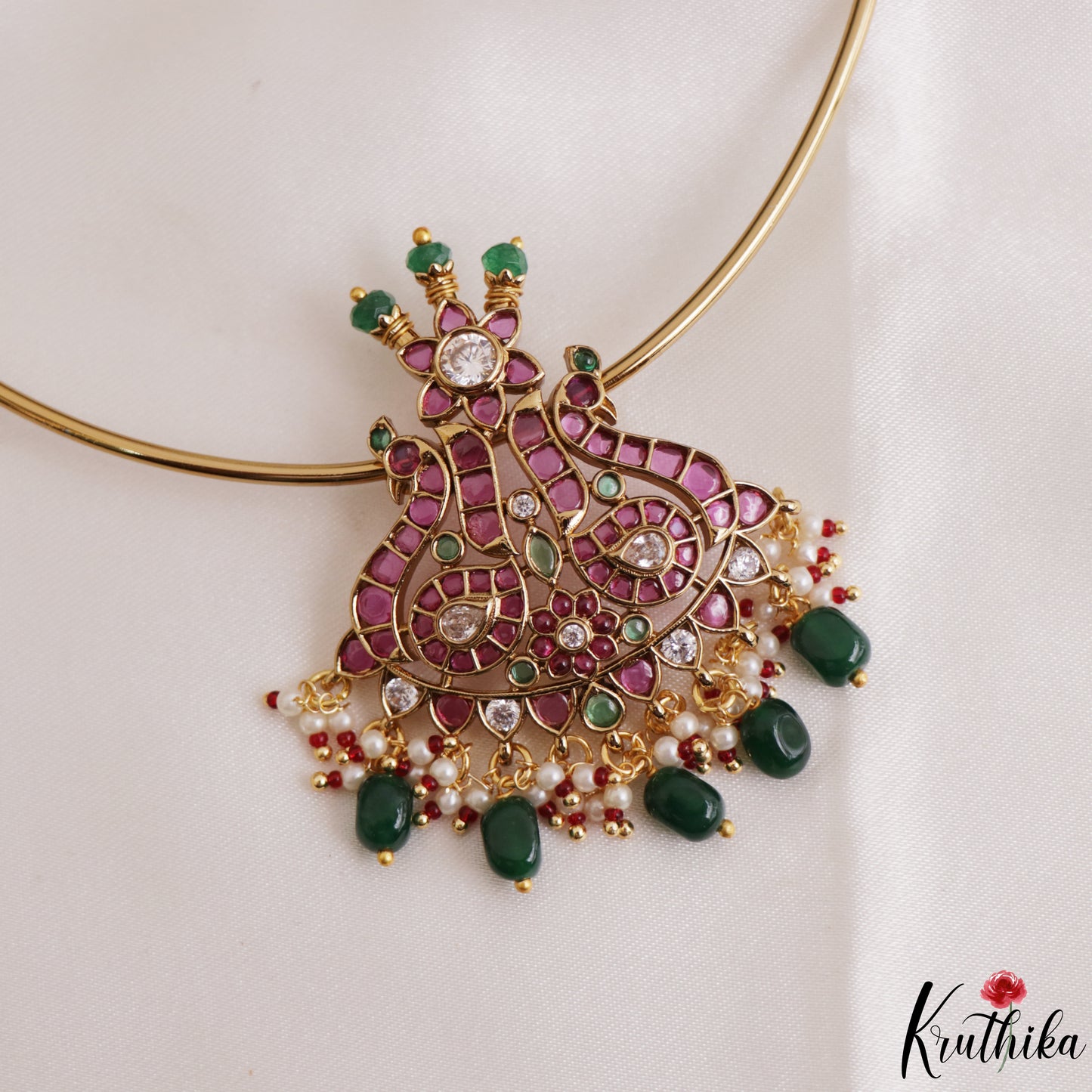Beautiful Peacock Motifs Kemp Hasli Choker With Pearl Bead Drops NC3257 (Available In 3 Colors)