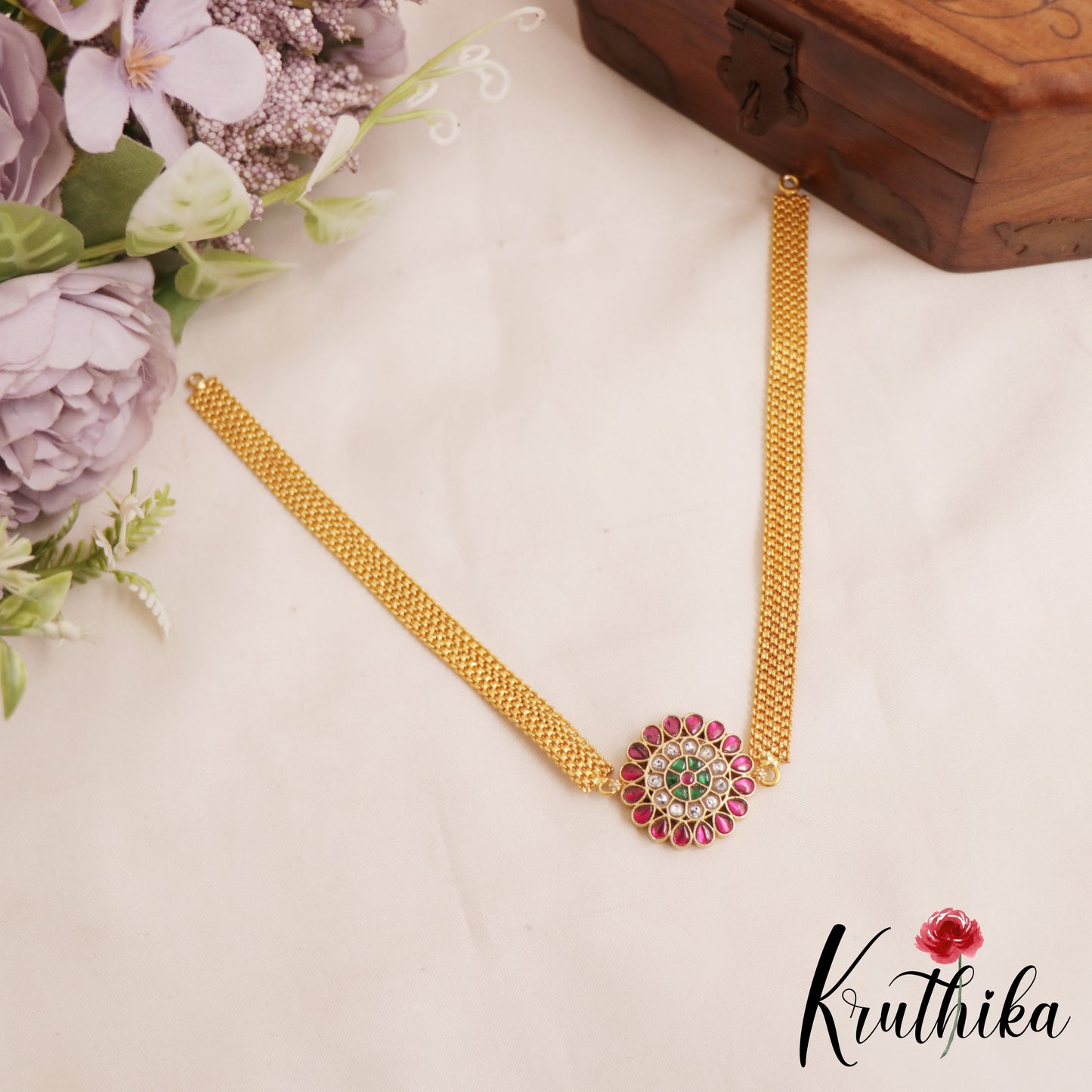 Classic Floral Motifs Jadau Pendant Chain NC2892 (Available In 2 Colors)