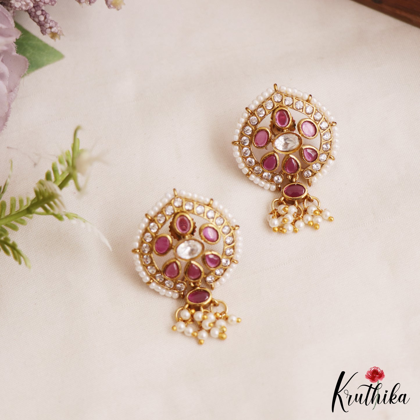 Elegant Pearl Border Floral Stud Earrings With Pearl Drops E1110 (Available In 5 Colors)