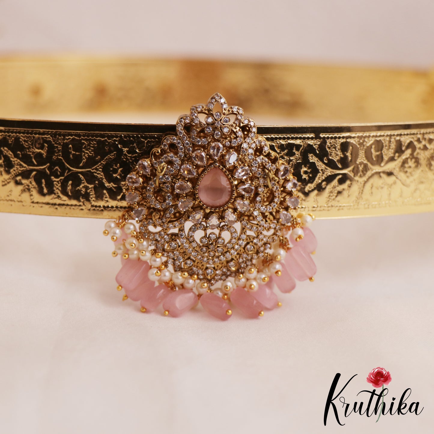 Sparkling AD Floral Teardrop Motifs Hip Belt With Bead Drops V345 (Available In 3 Colors)