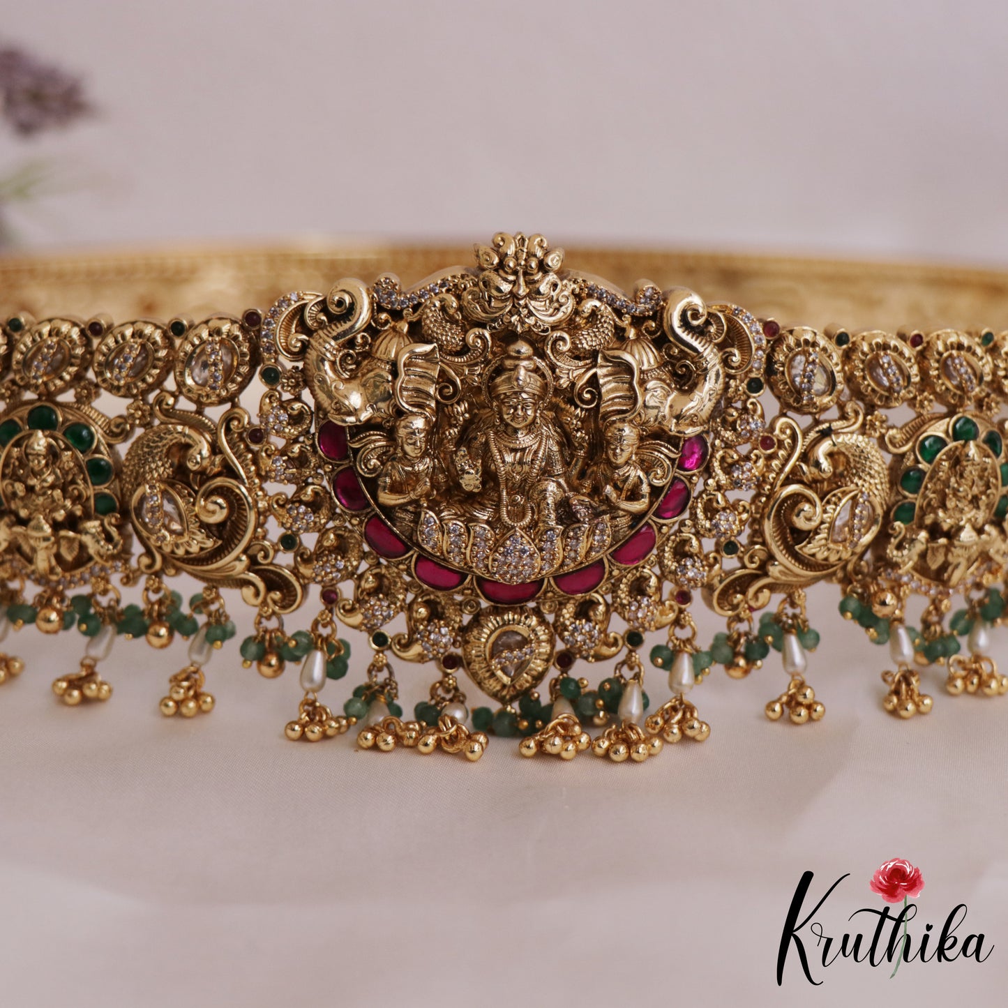 Premium Antique Nagas Lakshmi Peacock Motifs Jadau Hip Belt With Bead Drops V338 (Available In 2 colors)