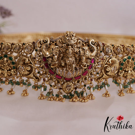 Premium Antique Nagas Lakshmi Peacock Motifs Jadau Hip Belt With Bead Drops V338 (Available In 2 colors)