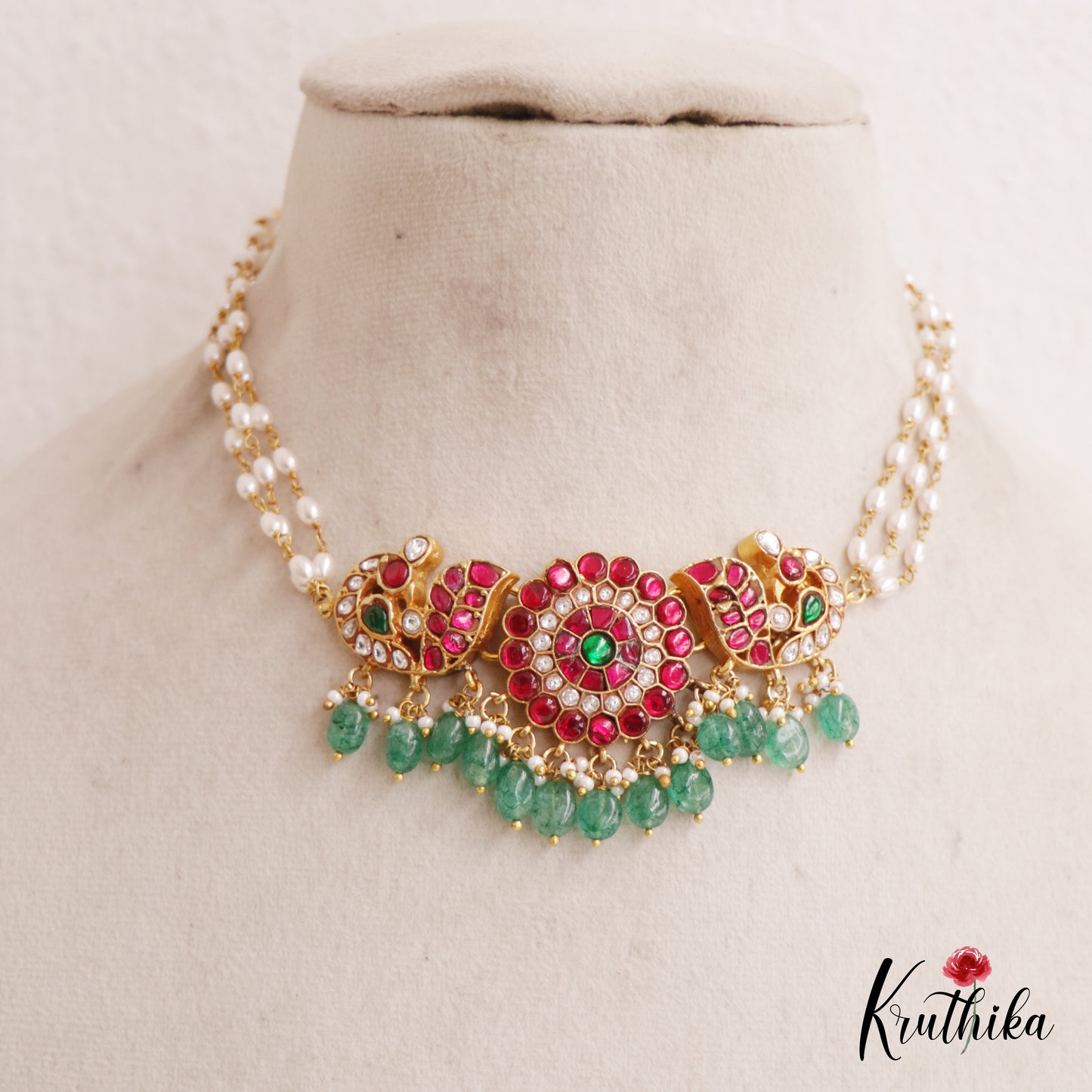Gorgeous Floral Peacock Jadau Choker With Triple Strand Pearl Chain NC2574