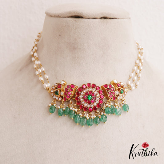 Gorgeous Floral Peacock Jadau Choker With Triple Strand Pearl Chain NC2574